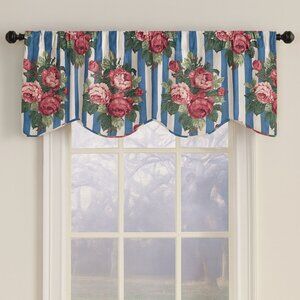 CURTRON Curtain Valance Elegant Creations Scalloped Kate Rose Blue Stripe Vtg